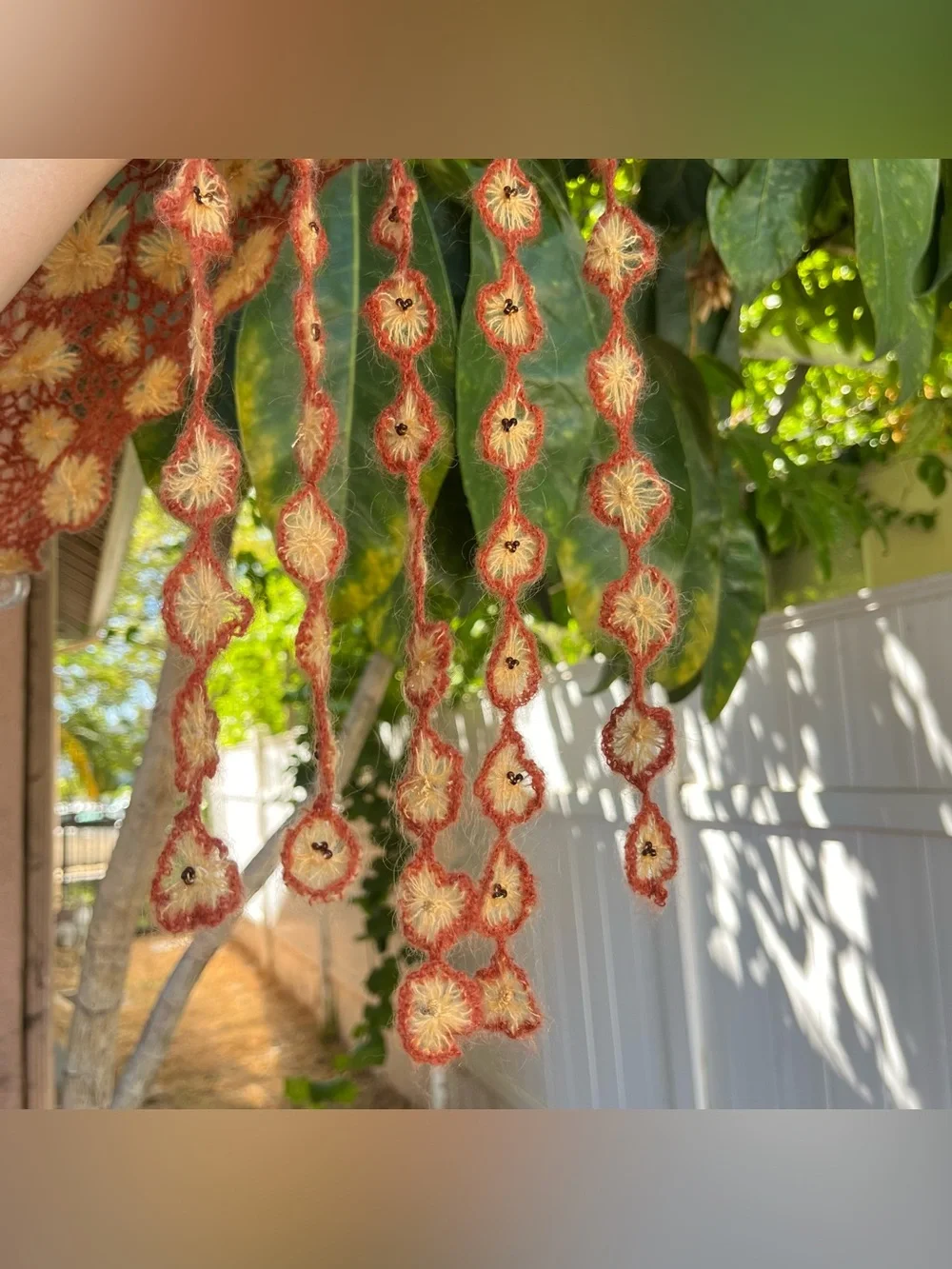Rust & Yellow Floral Crochet Scarf with Beaded Details & Fringe.